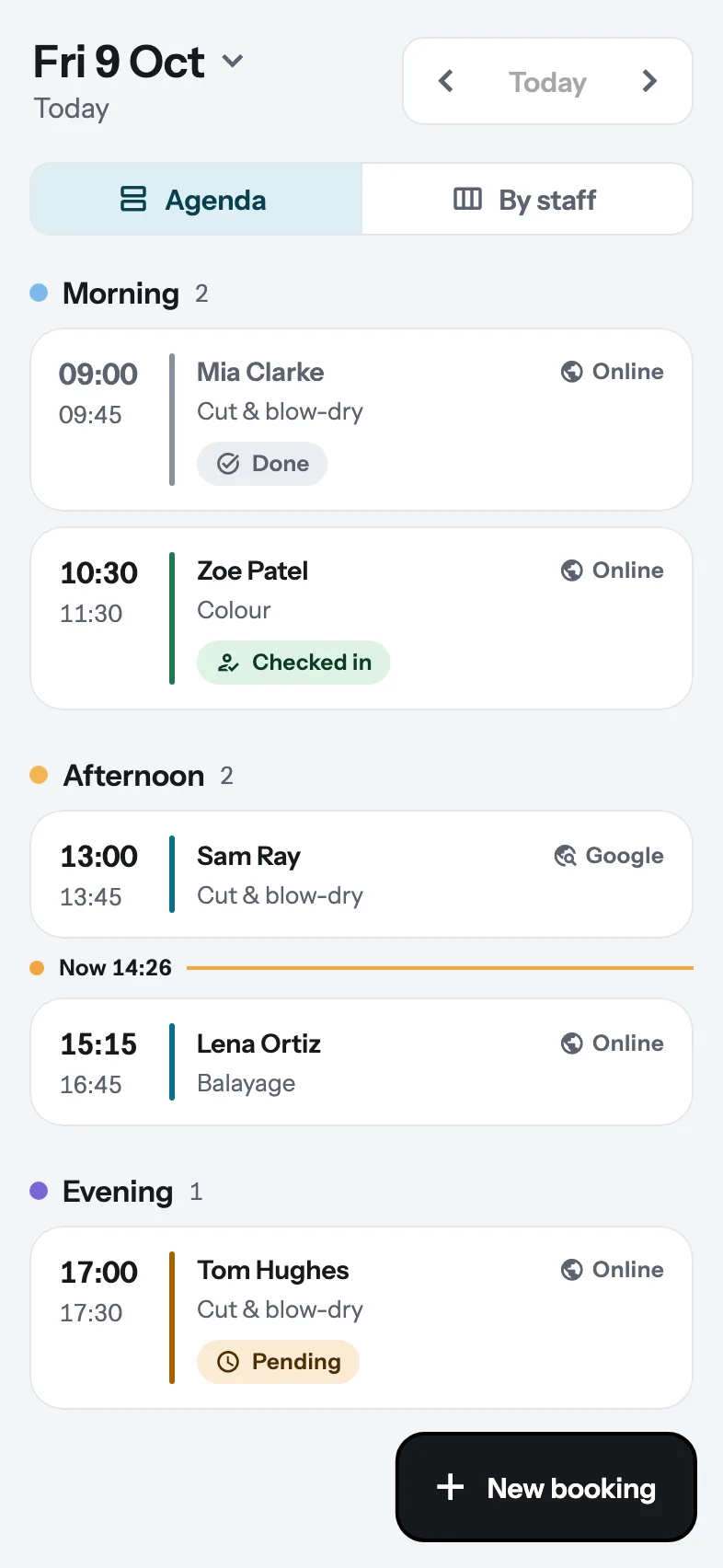 The day's calendar on a phone, grouped into morning, afternoon and evening, with a line marking the current time.