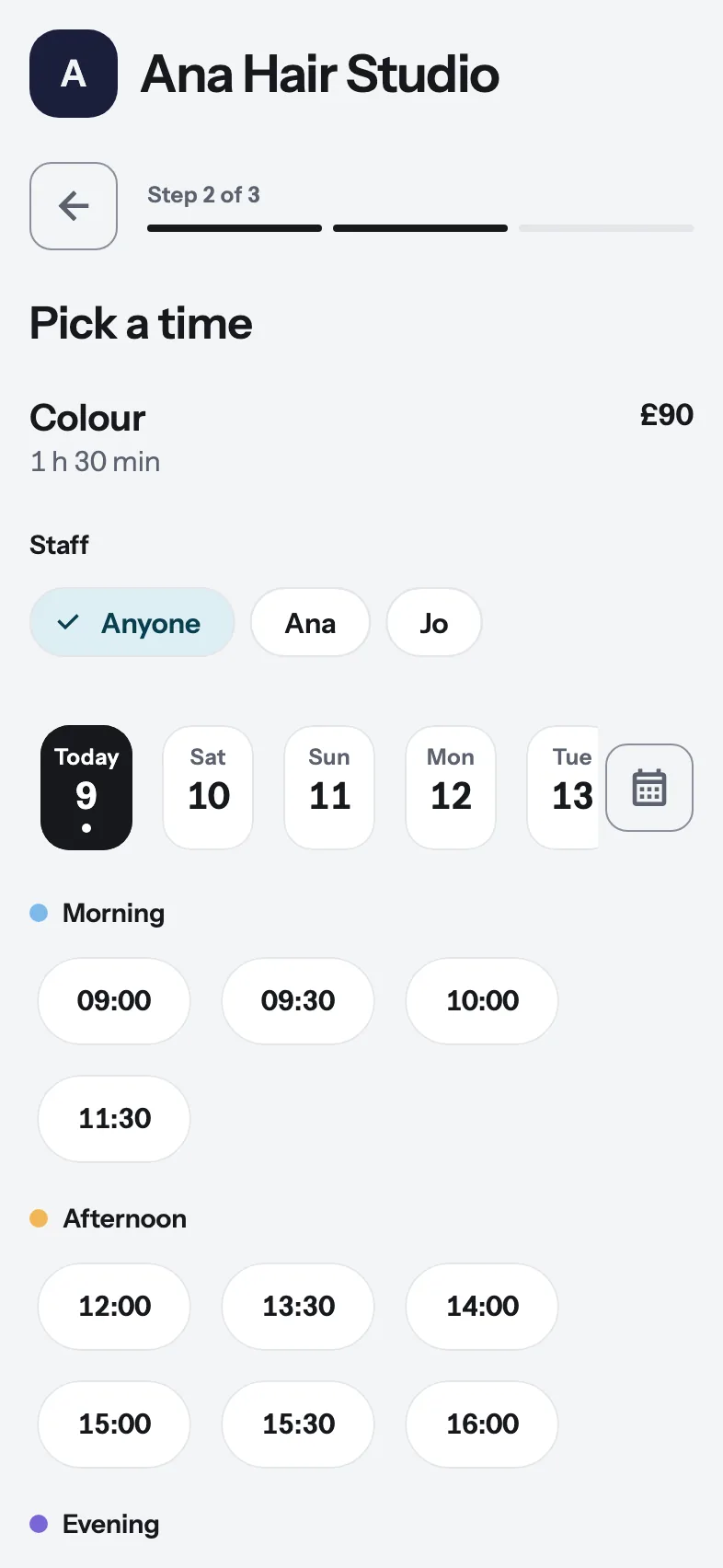 Choosing a time on a phone: morning, afternoon and evening times for a colour appointment.